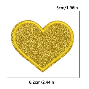 Golden glitter heart embroidery patch with dimensions 5cm by 6.2cm for clothing and bags