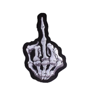 Punk skeleton middle finger embroidered patch with detailed white and grey bone texture