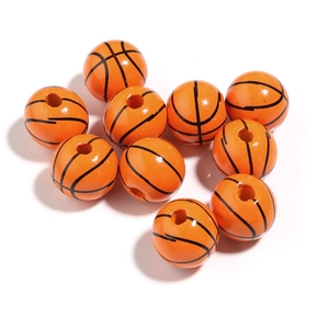 DIY handmade basketball wooden beads in bright orange with black sports lines for jewelry