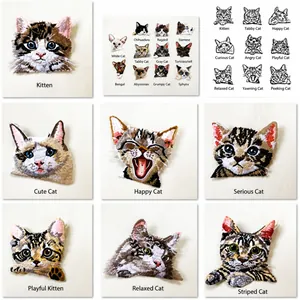 Mignon Chat Tête Écussons Brodés Patch Thermocollant Pour Décoration De Vêtements DIY Animal Autocollant En Tissu Lavable