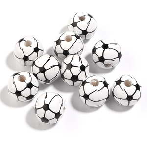 DIY soccer patterns wooden beads for jewelry making with black and white football finish