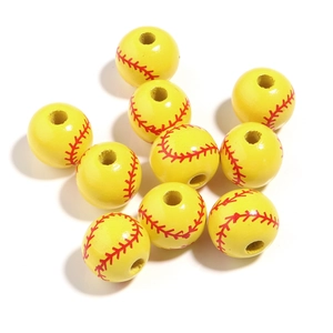 DIY yellow wooden baseball beads with realistic red stitching for jewelry making