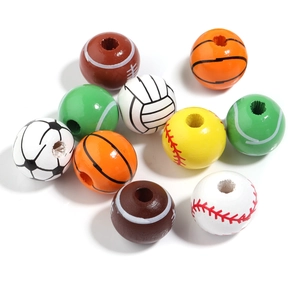 Assorted sports ball wooden beads featuring soccer, basketball and baseball patterns