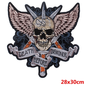 Detailed punk embroidery patch featuring skull with sword and wings, size 28x30cm
