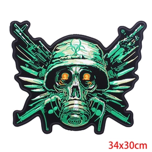 Macro view of punk tactical embroidery patch with skull, gas mask and biohazard logo