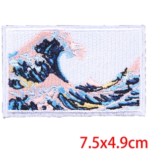 Rectangular Great Wave embroidery patch in blue and white for DIY clothing decor