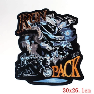 Embroidered wolf and motorcycle patch Run With The Pack design 30x26.1cm large size