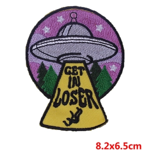 Toppa ricamata UFO con testo Get In Loser e design a raggio di foresta, 8,2x6,5cm