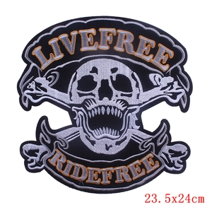 Large punk skull embroidered patch with Live Free Ride Free text for DIY clothing
