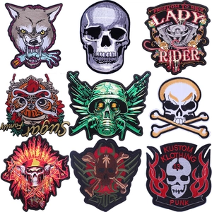 Écusson Brodé Punk Gothique Motard Crâne Loup Masque Indien Thermocollant à Coudre Applique pour Veste Gilet Vêtements