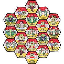 Set van 19 kleurrijke zeshoekige geborduurde patches met cartoon dierenriem kikkers