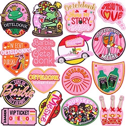 Oeteldonk carnaval strijkapplicaties set met kikkers in Barbie roze en groene kleuren
