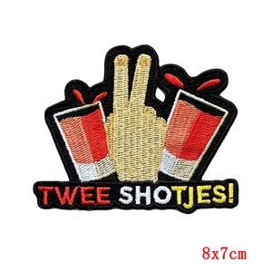 Embroidered Dutch Carnival peace sign patch with wine glasses, size 8x7cm for T-shirt
