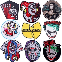 Detail of high-density embroidered patches featuring pop culture and artistic motifs