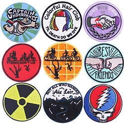 Detailed embroidery texture on a 9-piece set of round cartoon animal and pop culture patches
