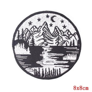 Round punk embroidery patch with black and white mountain forest and moon scenery 8x8cm