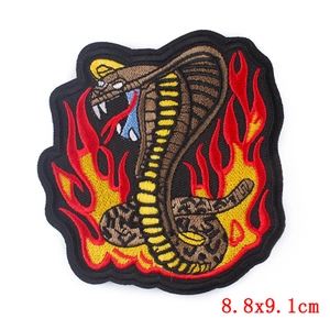 Cobra snake and flame embroidery patch for clothes DIY, sized 8.8x9.1cm in high detail