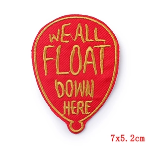 Red balloon embroidered patch with WE ALL FLOAT DOWN HERE text for clothing