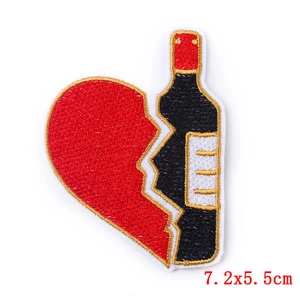 Cartoon embroidery patch with broken red heart and black wine bottle design, 7.2x5.5cm