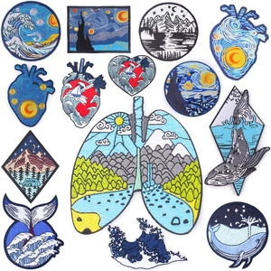 Van Gogh Starry Night Hokusai Great Wave Embroidery Patch Artistic Fabric Applique For Clothing Backpack DIY Sew On Patch