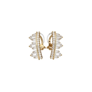 Elegant gold-tone geometric ear clips with shimmering baguette and round cut zircons.