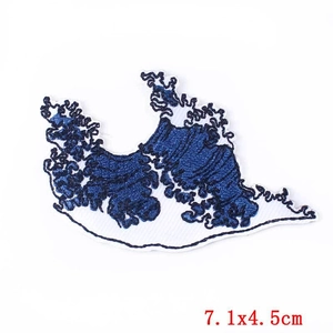 Detailed view of Van Gogh wave style embroidered patch measuring 7.1x4.5cm on white backdrop