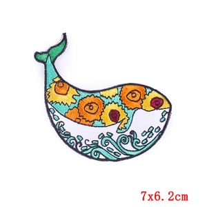 Cartoon whale embroidery patch with sunflower design for DIY clothing decoration 7x6.2cm