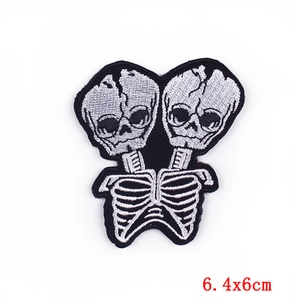 Macro detail of punk double skull embroidery patch with high density stitching, 6.4x6cm