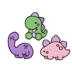Set di 3 toppe ricamate a forma di dinosauro cartone animato in verde, viola e rosa