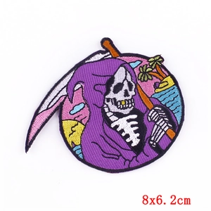 Cartoon punk reaper skull embroidery patch with palm tree design and 8x6.2cm size tag