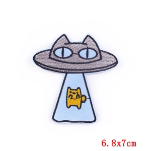 Cartoon UFO cat embroidery patch for clothes DIY, size 6.8x7cm in blue and grey