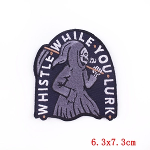 Embroidered punk skull patch with Grim Reaper and Whistle While You Lurk text, 6.3x7.3cm