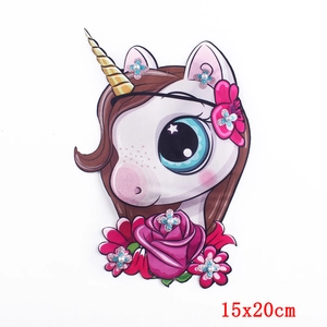 Écusson licorne à paillettes avec roses roses pour vêtements, taille 15x20cm