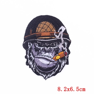 Punk gorilla embroidery patch wearing camo helmet and cigar, size 8.2x6.5cm