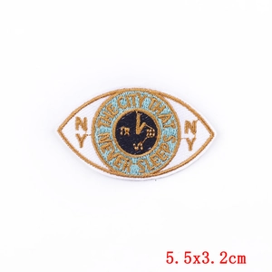 Detailed macro view of NY eye-shaped embroidered patch measuring 5.5x3.2cm