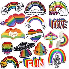 Detailed view of rainbow-themed embroidery patches for DIY clothing decoration