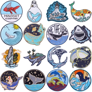 Cartoon Whale Shark Embroidered Patch DIY Clothing Decoration Iron On Sunflower Sea Wave Applique For Clothes Bag Jacket T-Shirt