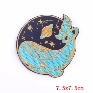 Blue whale with gold stars embroidery patch, 7.5x7.5cm round iron-on sticker for DIY clothes