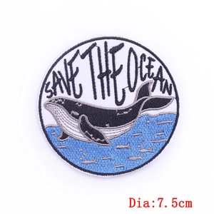 7.5cm round Save the Ocean whale embroidery patch for DIY clothing iron-on applique
