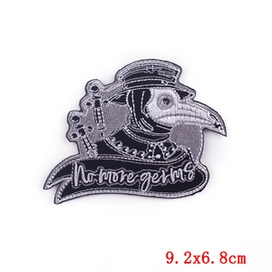 Cartoon Plague Doctor embroidery patch with No More Germs banner, size 9.2x6.8cm