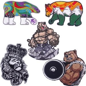 Punk Muscle Bear Embroidered Patch DIY Iron On Sewing Applique For Clothing Backpacks Lion Crown Patches Fabric Decoration