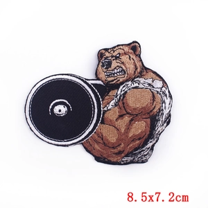 Embroidered muscular bear patch lifting barbell for DIY fitness clothing 8.5x7.2cm