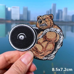 Muscular bear embroidery patch for denim jackets and T-shirts, size 8.5x7.2cm