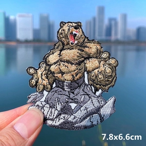 Muscular bear embroidery patch for DIY denim jackets and T-shirts, size 7.8x6.6cm