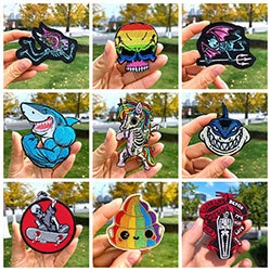 Detailed grid of diverse rainbow embroidered iron-on patches for creative apparel DIY