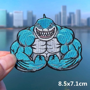 Muscular shark embroidery patch for denim jackets and t-shirts, measuring 8.5x7.1cm