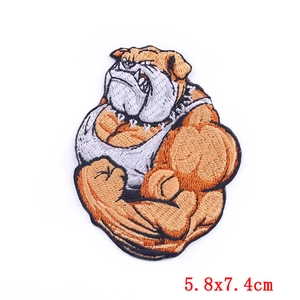 Muscular bulldog embroidered patch with 5.8x7.4cm dimensions for denim clothing