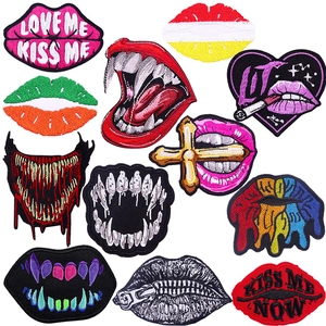 Punk Lip Mouth Embroidery Patch For Clothing DIY Iron On Sew On Embroidered Appliques Gothic Fang Lips Badges Decorative Sticker
