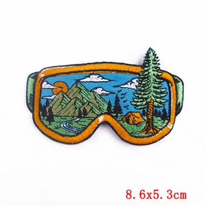 Adventure scenic embroidery patch with mountain and tent design, 8.6x5.3cm DIY iron-on applique