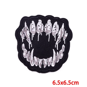 Punk butterfly lip embroidery patch with sharp teeth design on 6.5x6.5cm black fabric